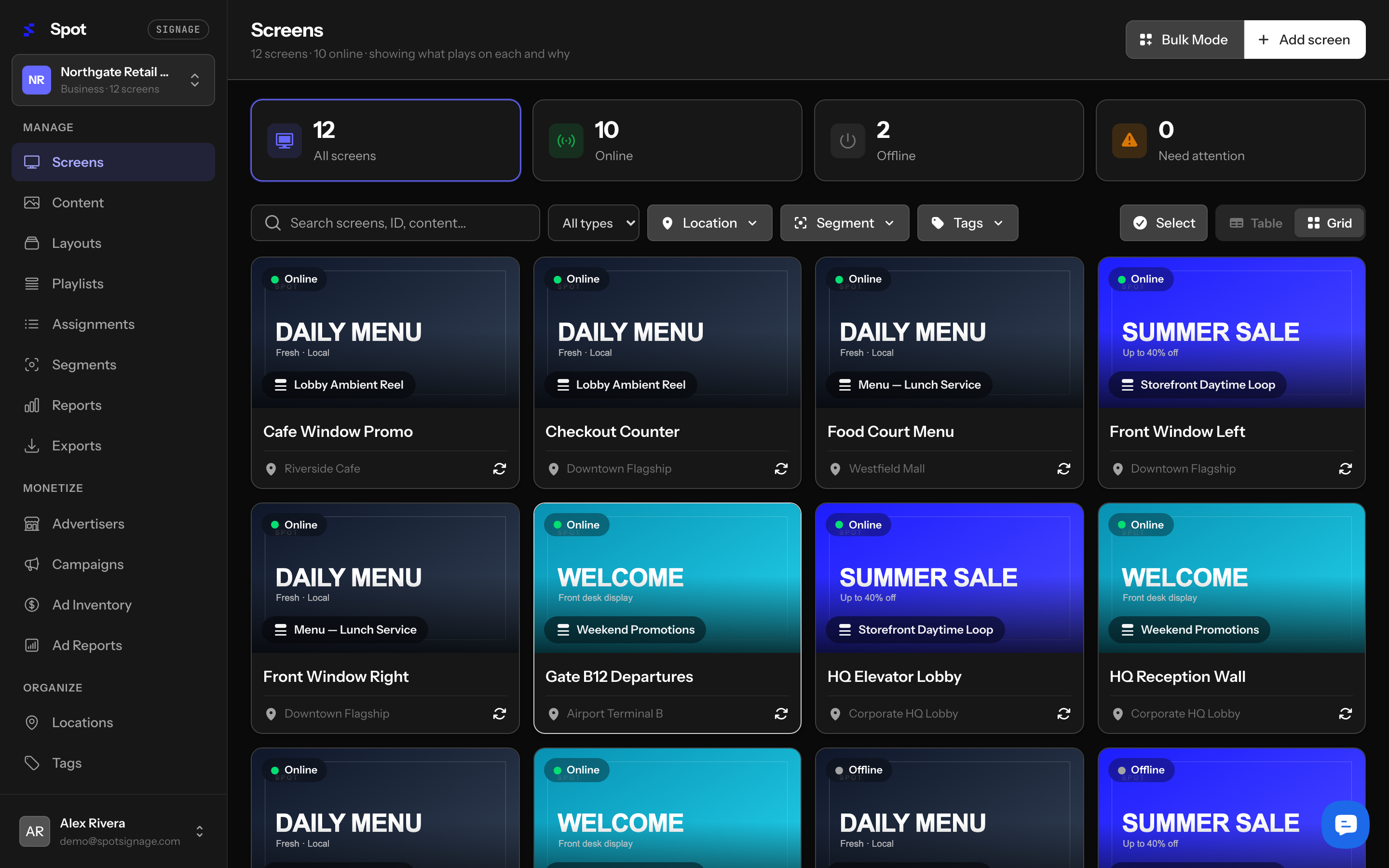 Spot dashboard — the screens list showing live players, their status and the content playing on each